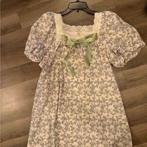 entro Cream Floral Puff Sleeve Dress with Sage Ribbon
